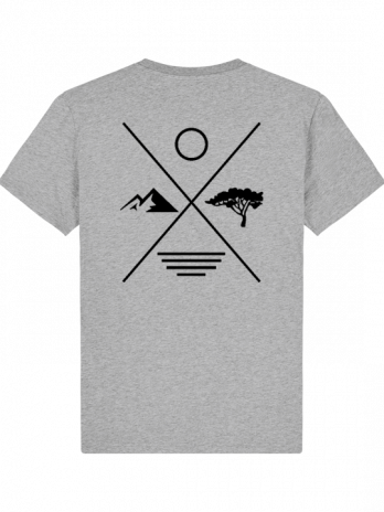 T-shirt gris clair unisexe imprimé montagnes et soleil – modèle X Destel
